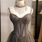 Long Grey Tulle Prom Dress Corset With Beaded Neck A Line