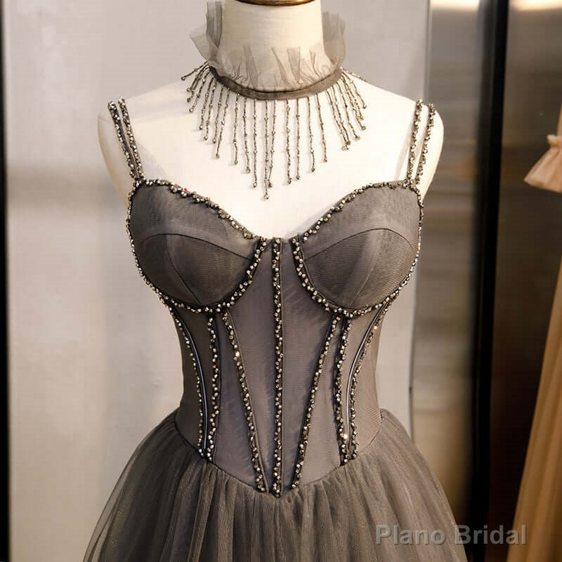 Long Grey Tulle Prom Dress Corset With Beaded Neck A Line