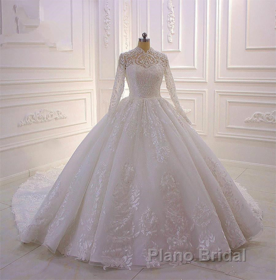 Long High neck Appliques Lace Ball Gown Wedding Dress with Sleeves Secondary image