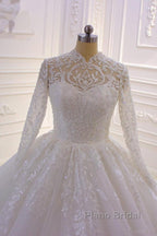 Long High neck Appliques Lace Ball Gown Wedding Dress with Sleeves