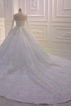 Long High neck Appliques Lace Ball Gown Wedding Dress with Sleeves