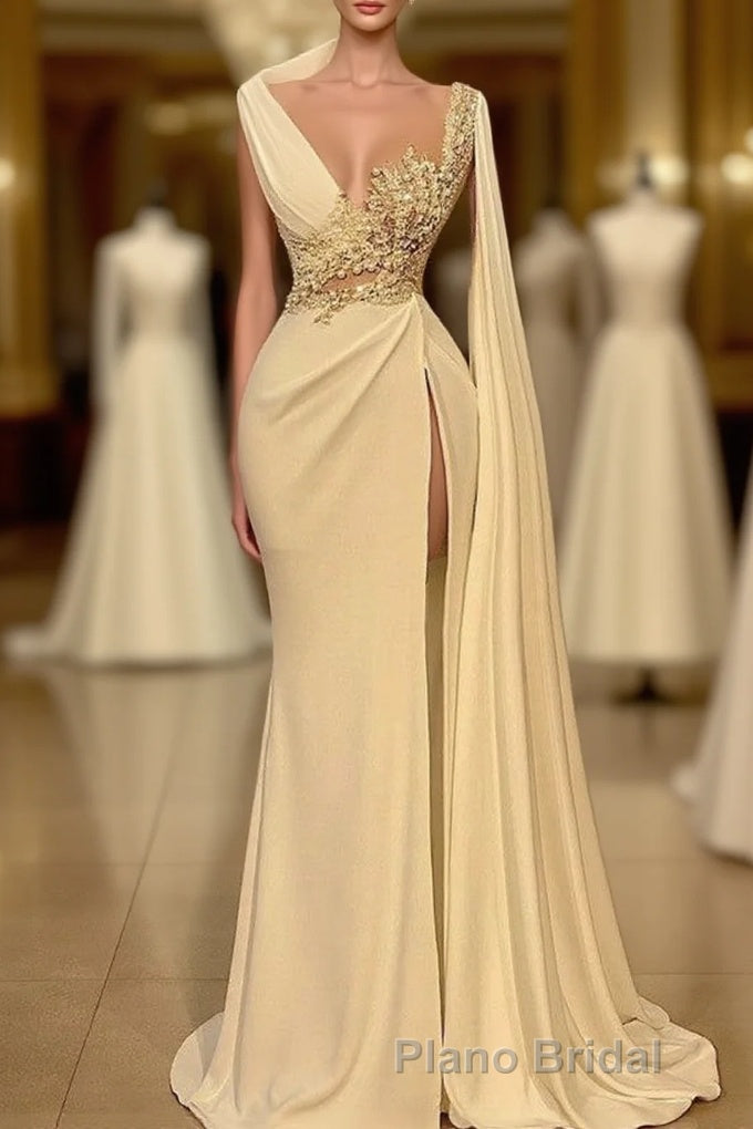 Long Mermaid Asymmetrical Ruffles Beading Satin Formal Prom Dresses With High Slit Main image