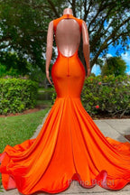 Long Mermaid Deep Sequined V-neck Stretch Satin Backless Formal Prom Dresses with Appliques