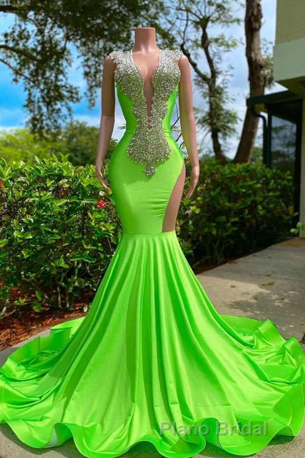 Long Mermaid Deep Sequined V-neck Stretch Satin Backless Formal Prom Dresses with Appliques