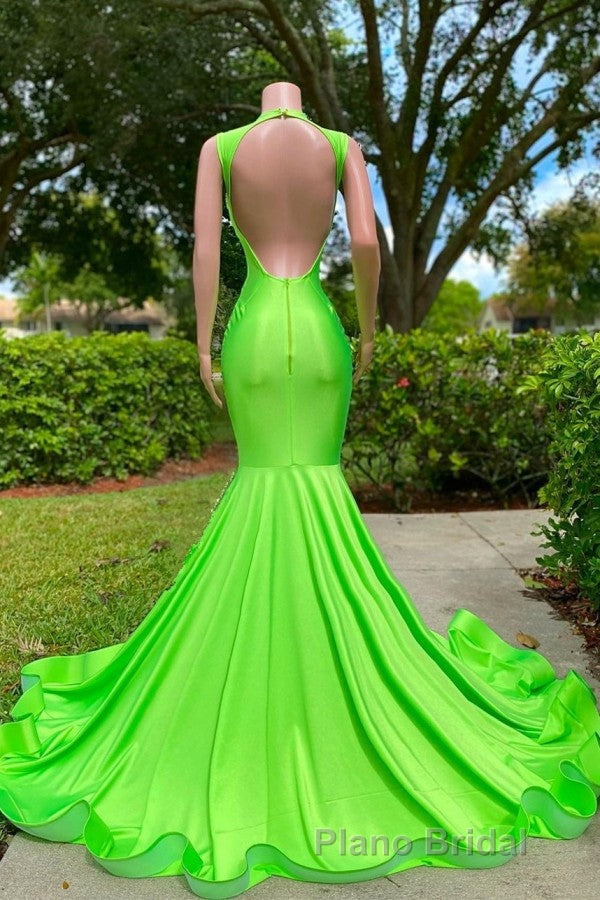 Long Mermaid Deep Sequined V-neck Stretch Satin Backless Formal Prom Dresses with Appliques