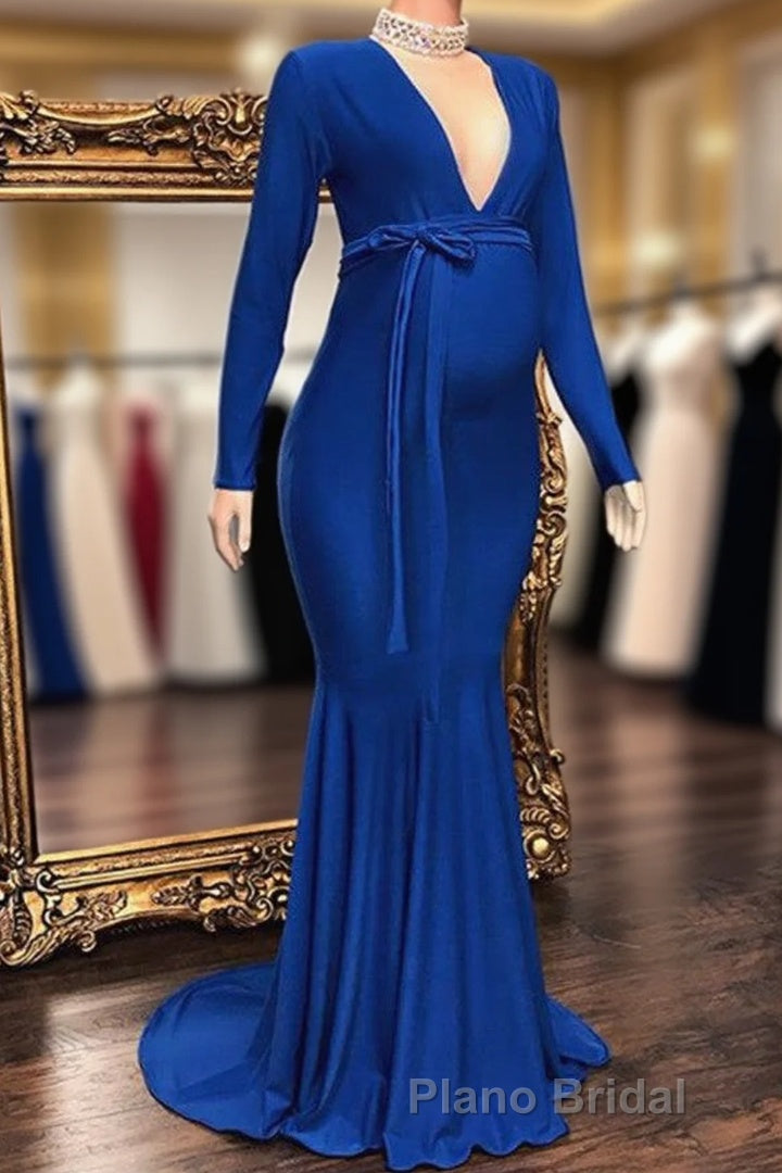 Long Mermaid Deep V-neck Pregnant Formal Evening Dresses with Sleeves Main image