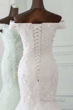 Long Mermaid Off Shoulder Lace-up Applique Lace Wedding Dress