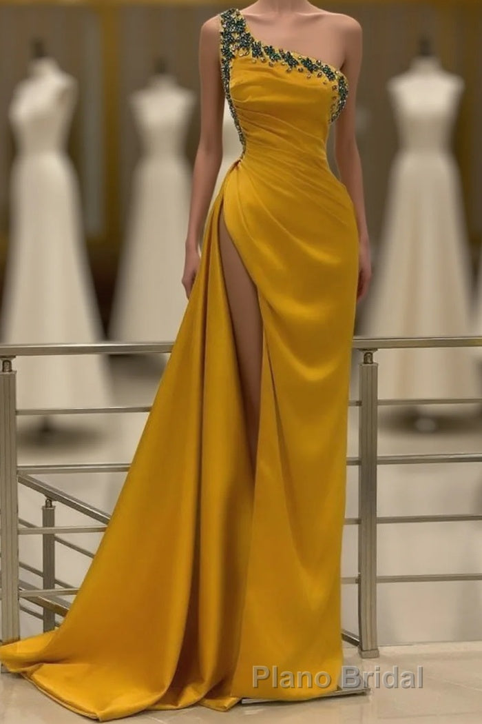 Long Mermaid One Shoulder Beading Backless Formal Prom Dresses with Slit Main image