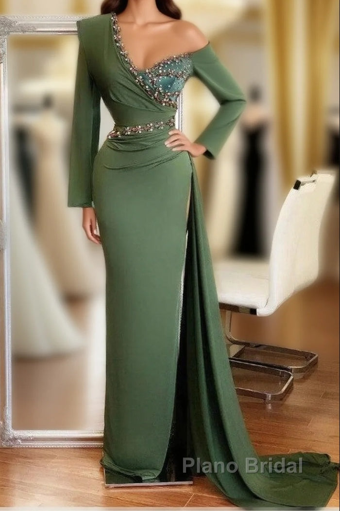 Long Mermaid One Shoulder Front Slit Formal Prom Dress With Sleeves