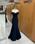Long Mermaid Formal Prom Dresses Navy Blue Off-the-shoulder Sweetheart Sleeveless