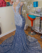 Long Mermaid Formal Prom Dresses Sparkly Diamond Sheer Scoop Neckline Silver Sequined Black Girl Formal Prom Formal Gowns