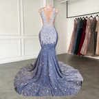 Long Mermaid Formal Prom Dresses Sparkly Diamond Sheer Scoop Neckline Silver Sequined Black Girl Formal Prom Formal Gowns