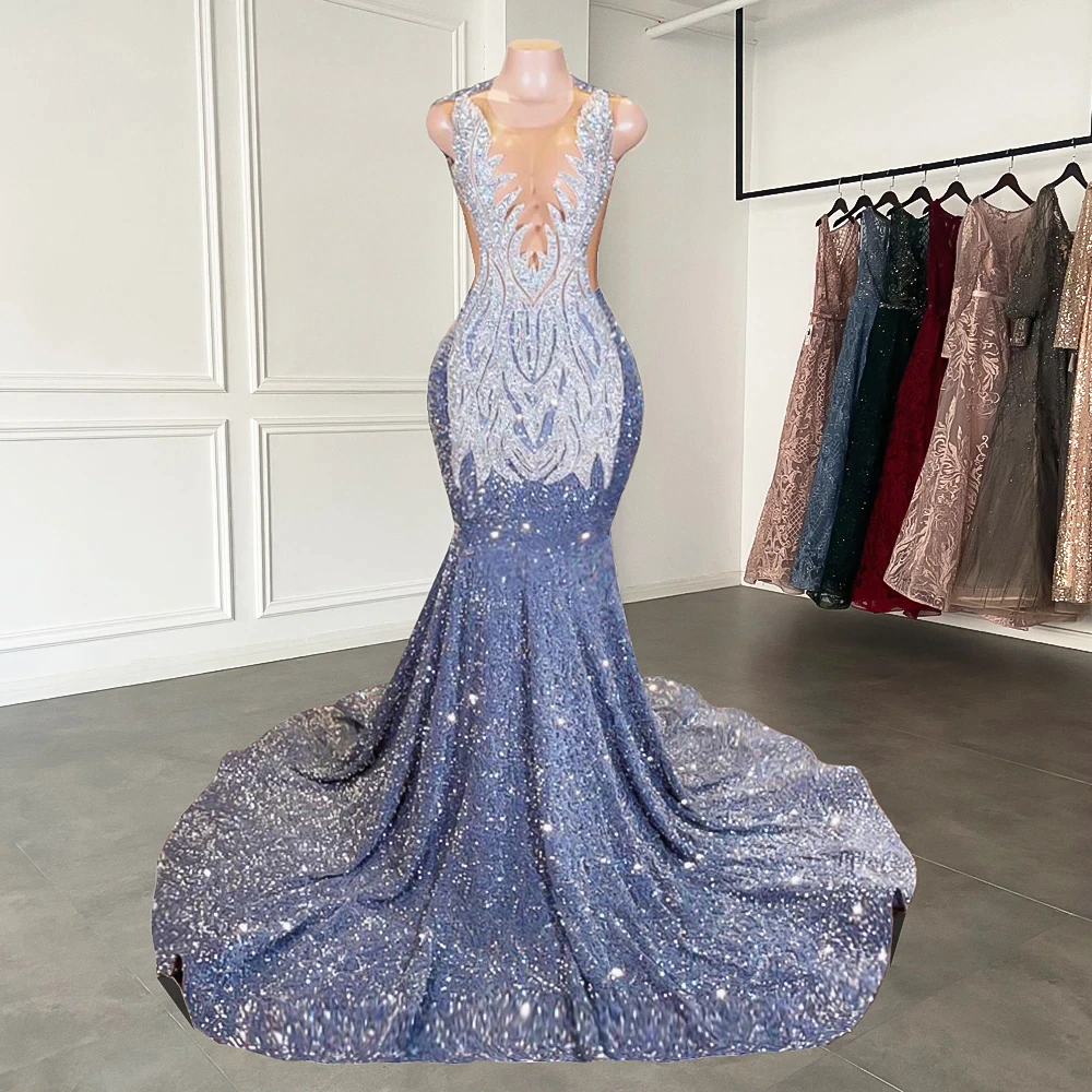 Long Mermaid Formal Prom Dresses Sparkly Diamond Sheer Scoop Neckline Silver Sequined Black Girl Formal Prom Formal Gowns