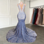 Long Mermaid Formal Prom Dresses Sparkly Diamond Sheer Scoop Neckline Silver Sequined Black Girl Formal Prom Formal Gowns