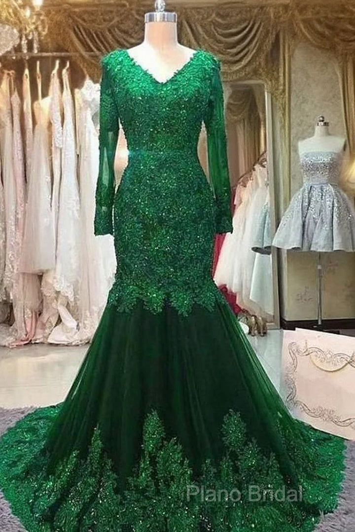 Long Mermaid Sequin Beaded Green Formal Prom Dresses With Sleeves Lace Formal Dresses Main image