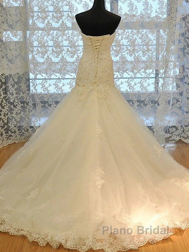 Long Mermaid Strapless Court Train Lace Organza Wedding Dresses Secondary image