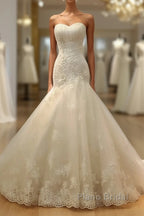 Long Mermaid Strapless Court Train Lace Organza Wedding Dresses