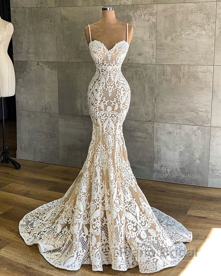 Long Mermaid Sweetheart Spaghetti Straps Appliques Lace Wedding Dress Secondary image