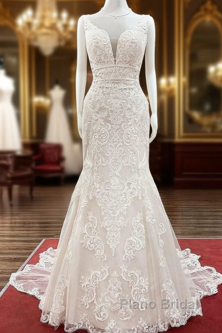 Long Mermaid Tulle Sleeveless Lace Backless Wedding Dress