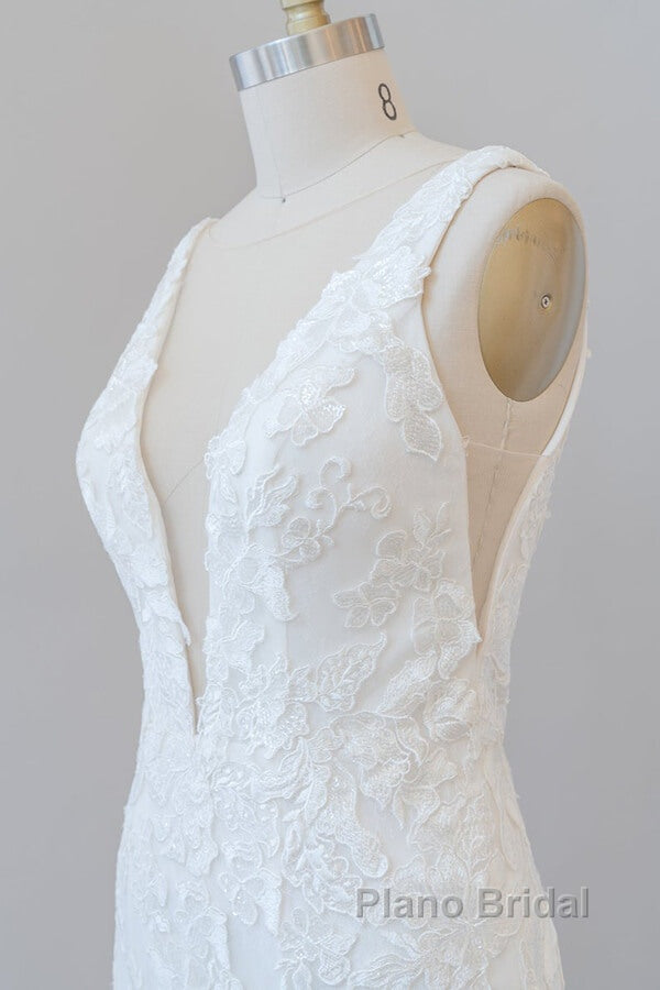 Long Mermaid V-neck Appliques Tulle Lace Wedding Dress