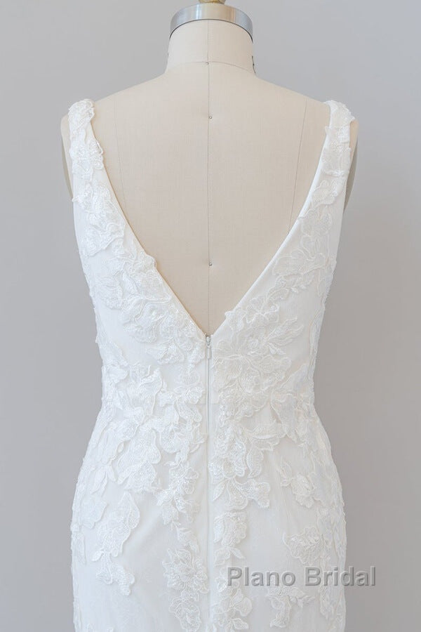 Long Mermaid V-neck Appliques Tulle Lace Wedding Dress