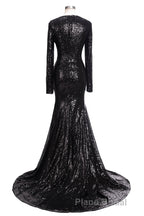 Long Mermaid V-Neck Black Sequins Formal Prom Dresses with Sleeves
