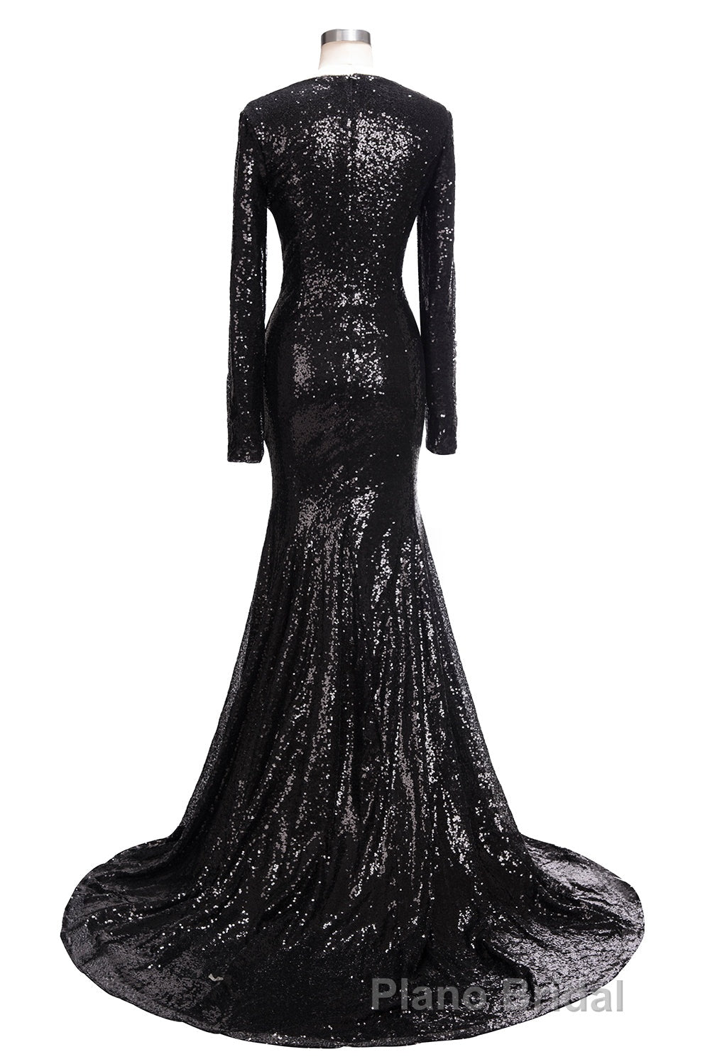 Long Mermaid V-Neck Black Sequins Formal Prom Dresses with Sleeves