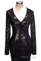 Long Mermaid V-Neck Black Sequins Formal Prom Dresses with Sleeves