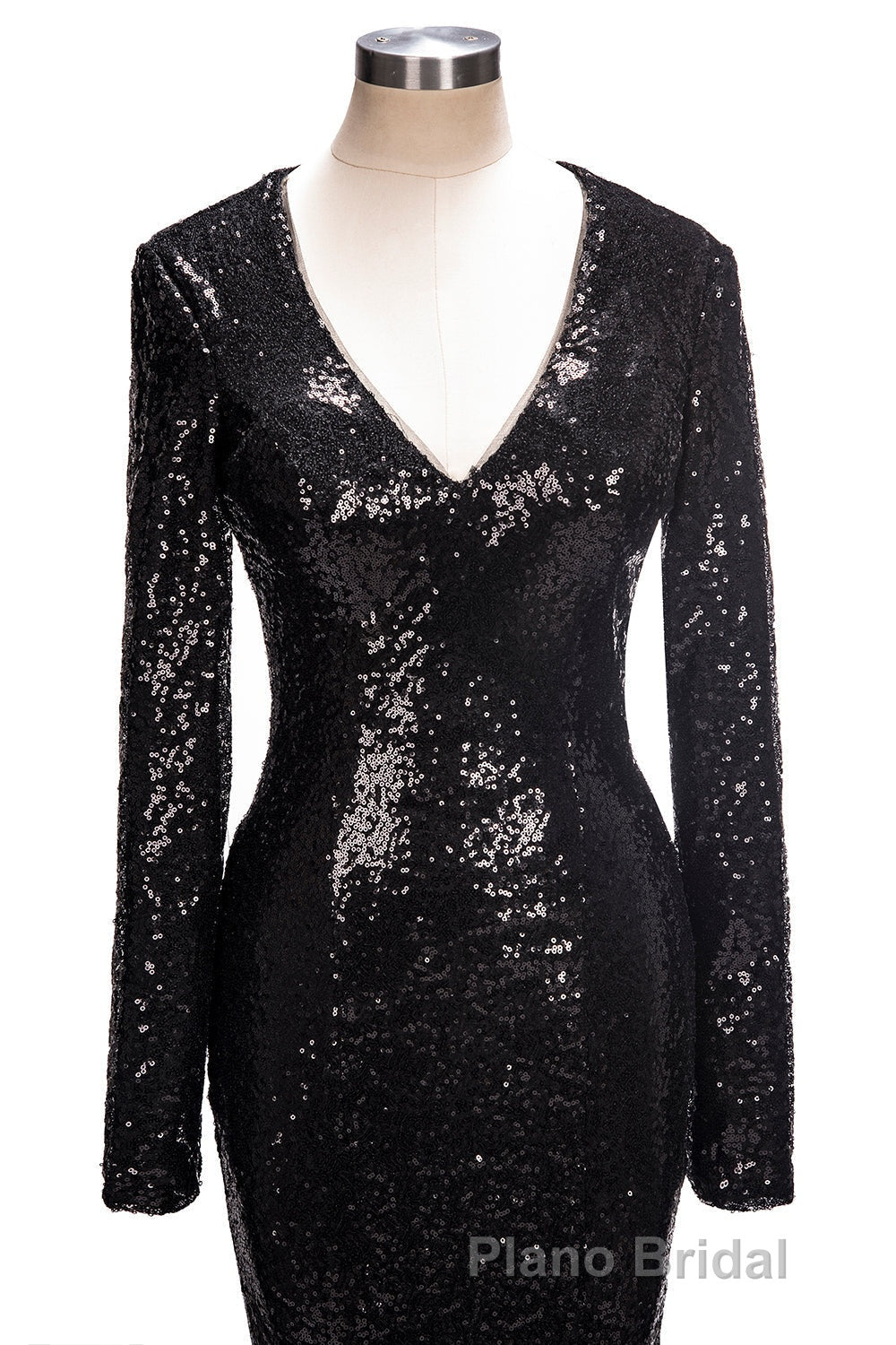 Long Mermaid V-Neck Black Sequins Formal Prom Dresses with Sleeves