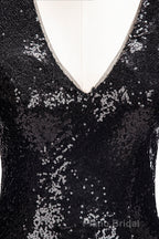 Long Mermaid V-Neck Black Sequins Formal Prom Dresses with Sleeves