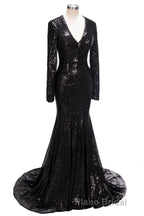 Long Mermaid V-Neck Black Sequins Formal Prom Dresses with Sleeves