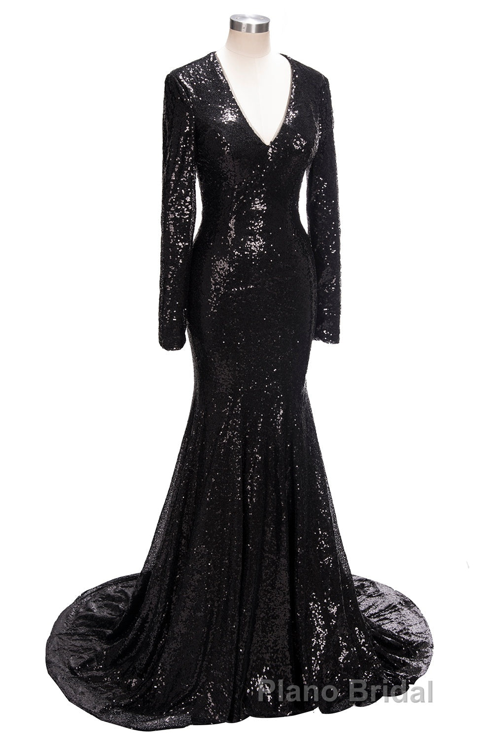 Long Mermaid V-Neck Black Sequins Formal Prom Dresses with Sleeves