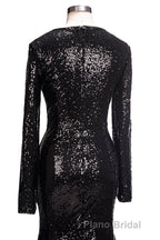 Long Mermaid V-Neck Black Sequins Formal Prom Dresses with Sleeves