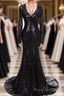 Long Mermaid V-Neck Black Sequins Formal Prom Dresses with Sleeves