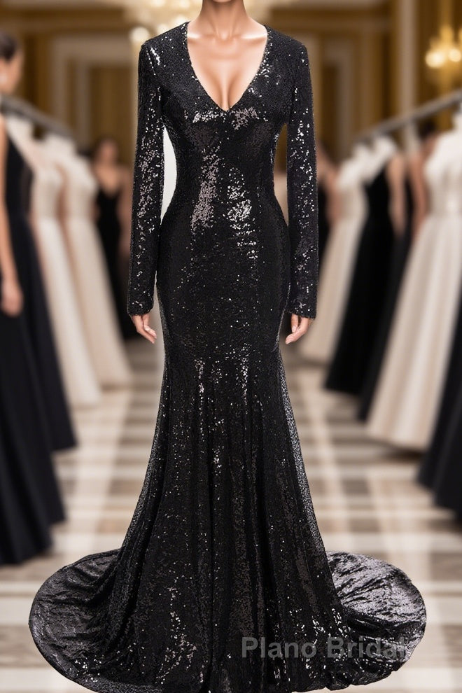 Long Mermaid V-Neck Black Sequins Formal Prom Dresses with Sleeves Main image