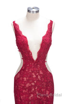 Long Mermaid V-neck Lace Appliques Formal Prom Dresses with Slit