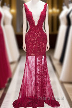 Long Mermaid V-neck Lace Appliques Formal Prom Dresses with Slit