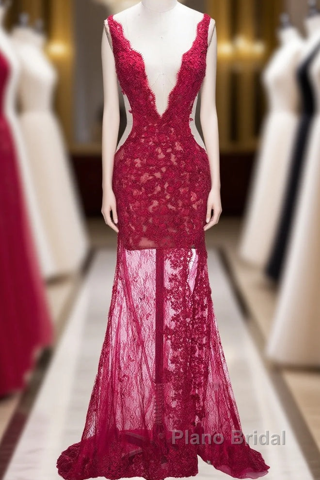Long Mermaid V-neck Lace Appliques Formal Prom Dresses with Slit