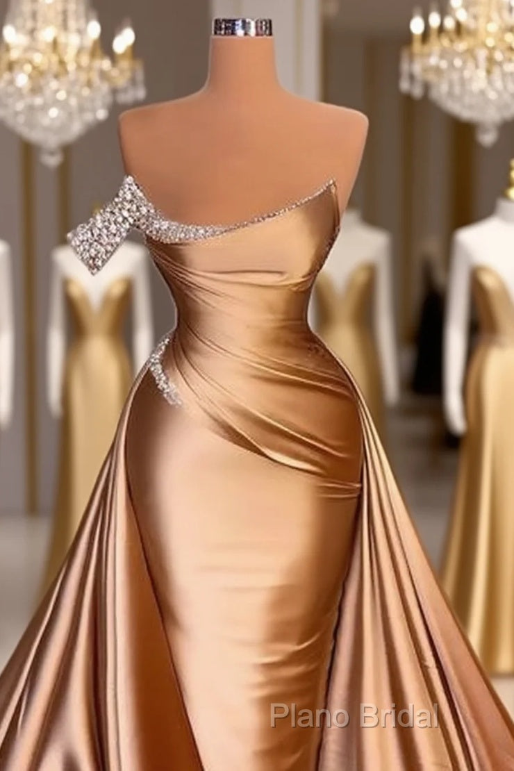 Long One Shoulder Formal Prom Dresses Beaded Mermaid Pageants Gowns With Court Train Main image