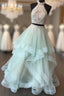Long Open Back Mint Two Piece High Neck Organza Formal Prom Dresses