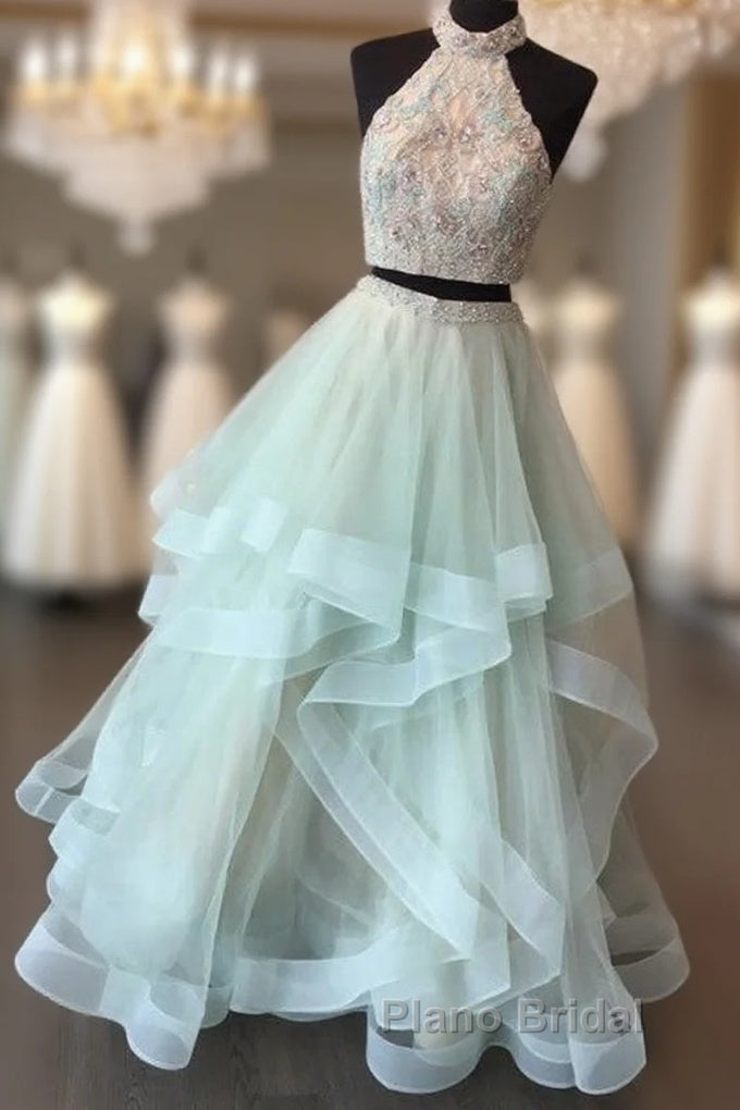 Long Open Back Mint Two Piece High Neck Organza Formal Prom Dresses Main image