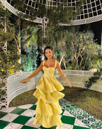 Vintage Pastel Yellow Ruffle Tiered A-Line Long Party Dresses Formal Prom Dresses
