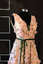 Long Pink 3D Flowers V-Neck Dresses