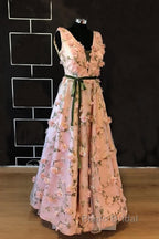 Long Pink 3D Flowers V-Neck Dresses