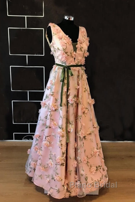 Long Pink 3D Flowers V-Neck Dresses