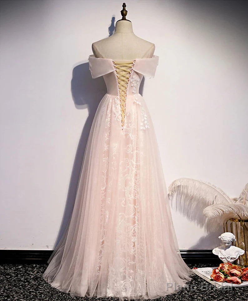 Long Pink Off Shoulder A-line Prom Dress with Lace, Sweetheart Evening Dress Secondary image