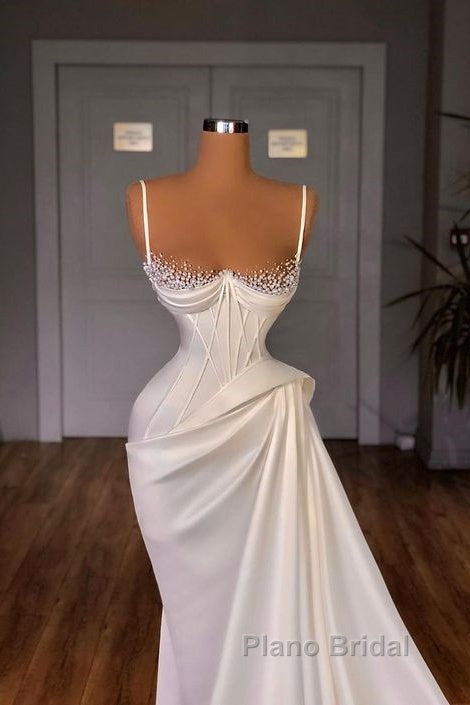 Long Pleated Satin Evening Dresses White Mermaid Formal Prom Dresses