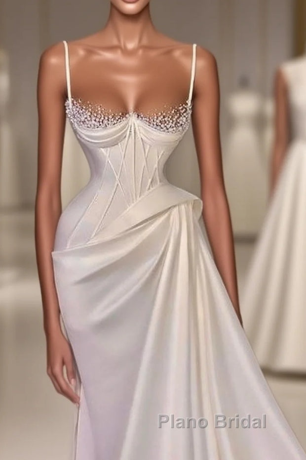 Long Pleated Satin Evening Dresses White Mermaid Formal Prom Dresses