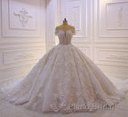 Long Princess Sweetheart Off-the-Shoulder Backless Appliques Lace Ruffles Tulle Wedding Dress