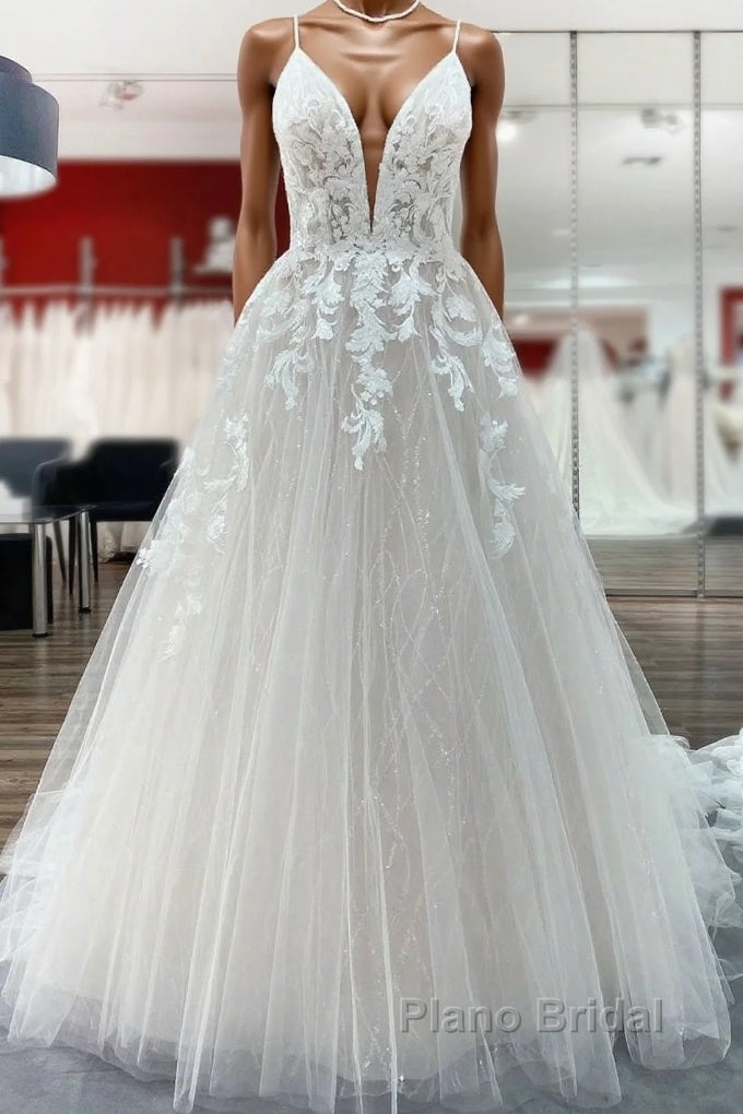 Long Princess Tulle V Neck Sequins Lace Appliques Wedding Dress